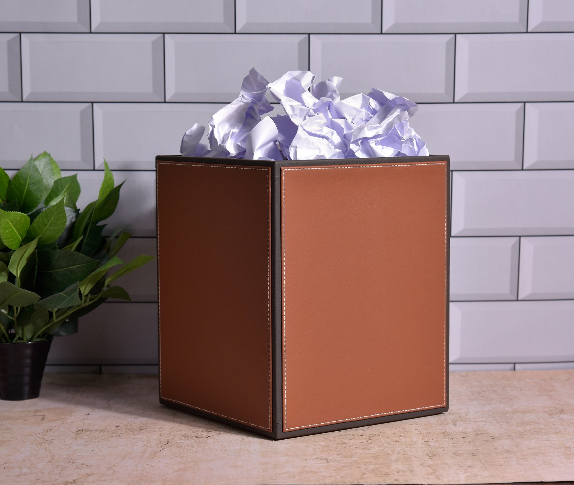 Premsons® Faux Leather Dustbin - Stylish & Durable Waste Bin for Home, Office, & Bedroom - Two Tone Square - Orange + Grey - 5 Litres