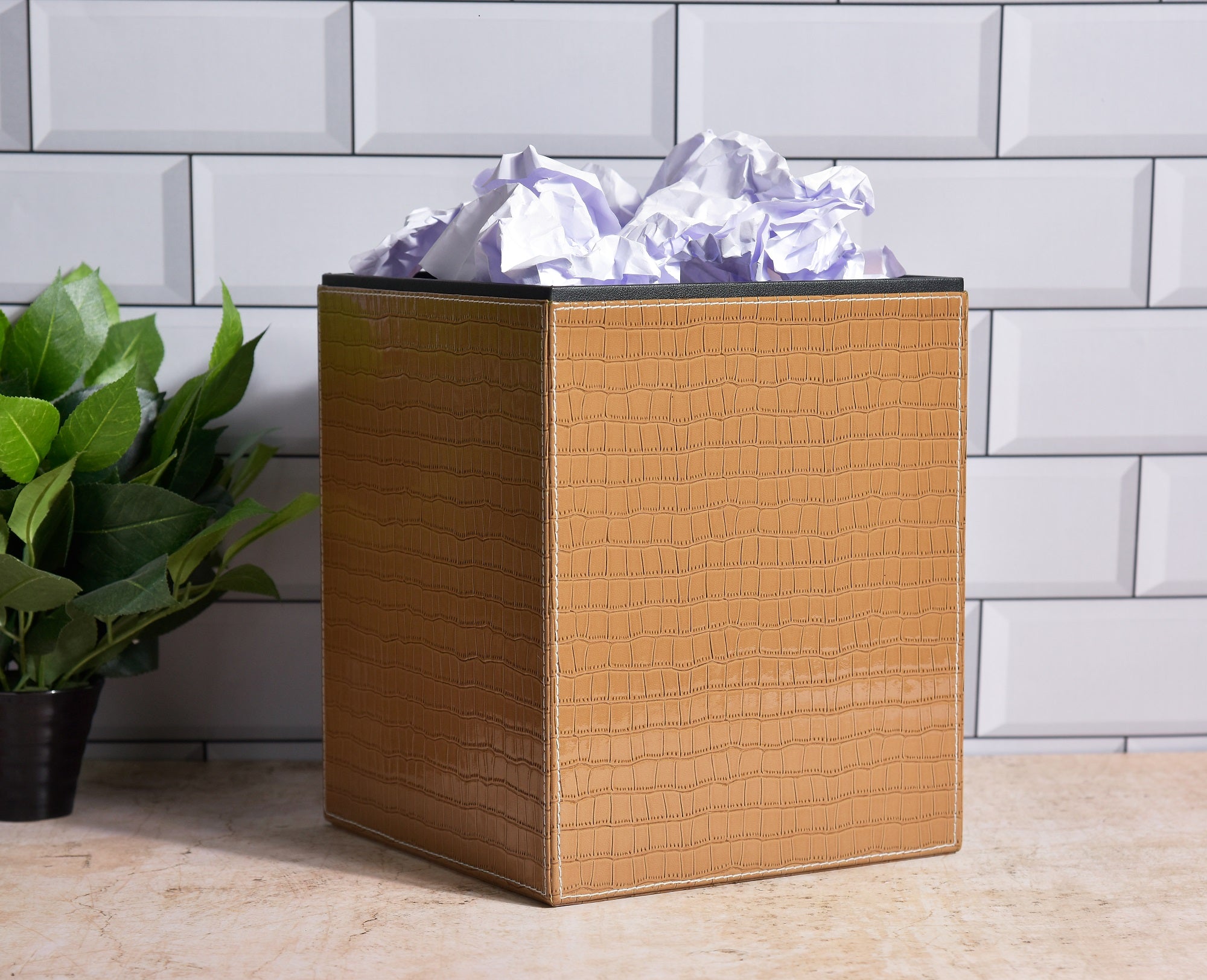 Premsons® Faux Leather Dustbin - Stylish & Durable Waste Bin for Home, Office, & Bedroom - Croc Pattern - Square - Beige - 5 litres