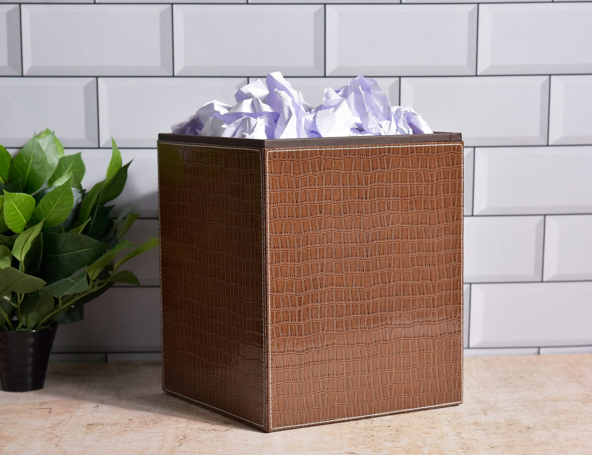 Square faux leather waste bin, croc pattern, brown with open top and liner