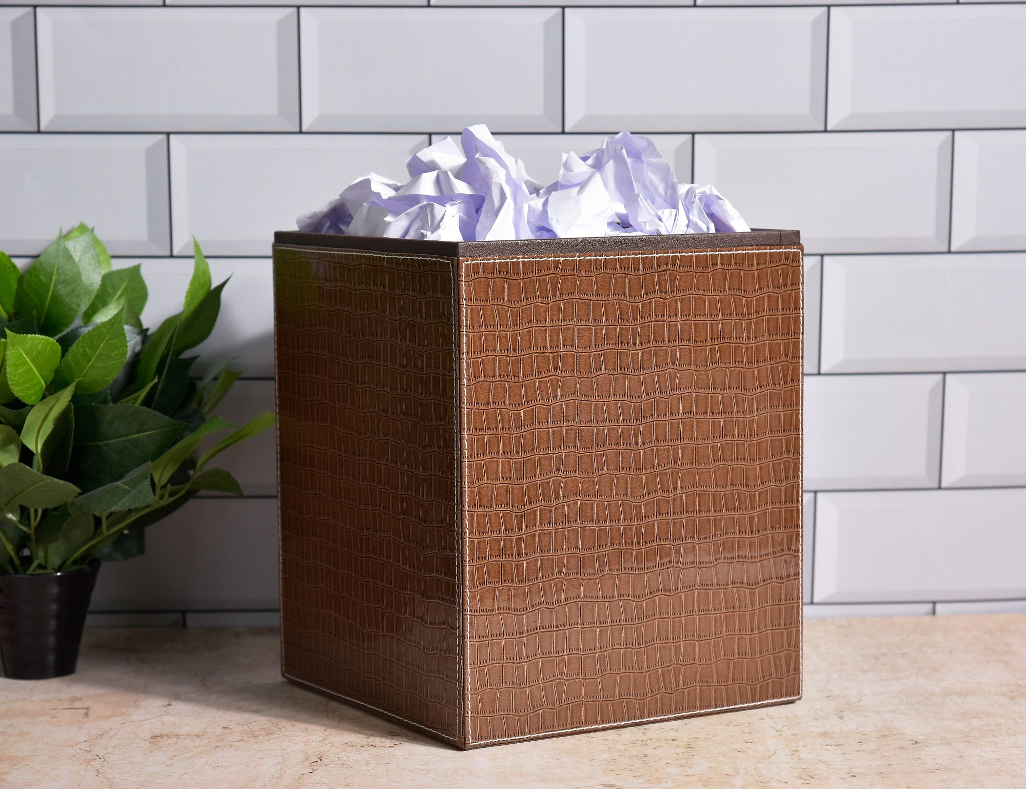 Square faux leather waste bin, croc pattern, brown with open top and liner