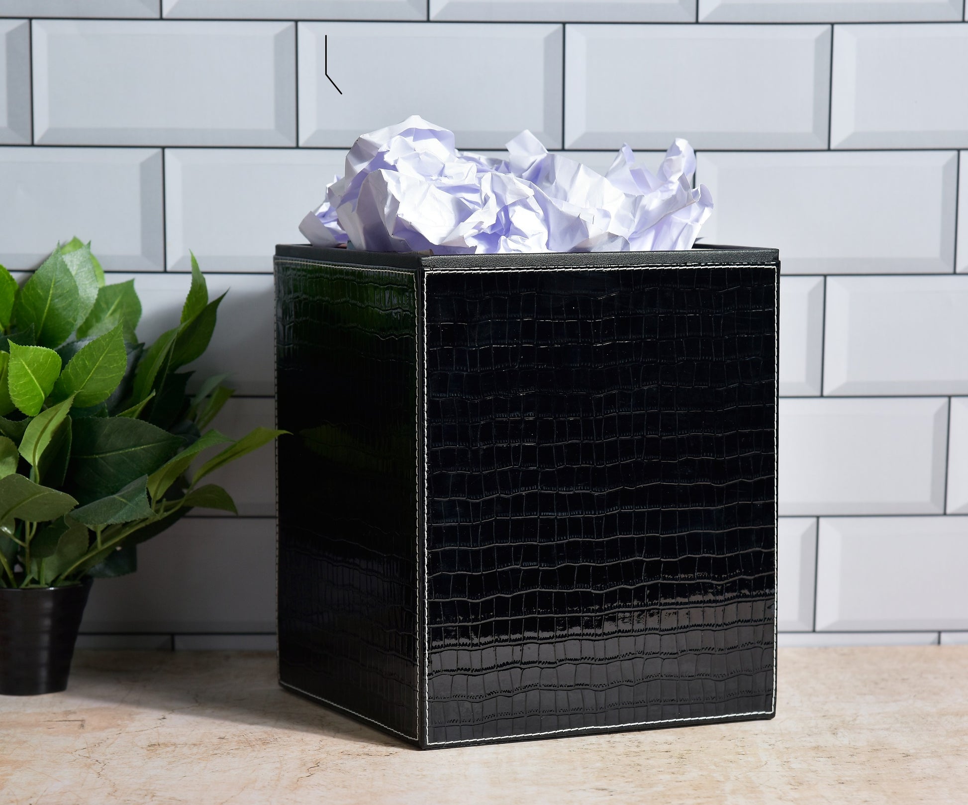 Square faux leather waste bin, croc pattern, black, open top with liner