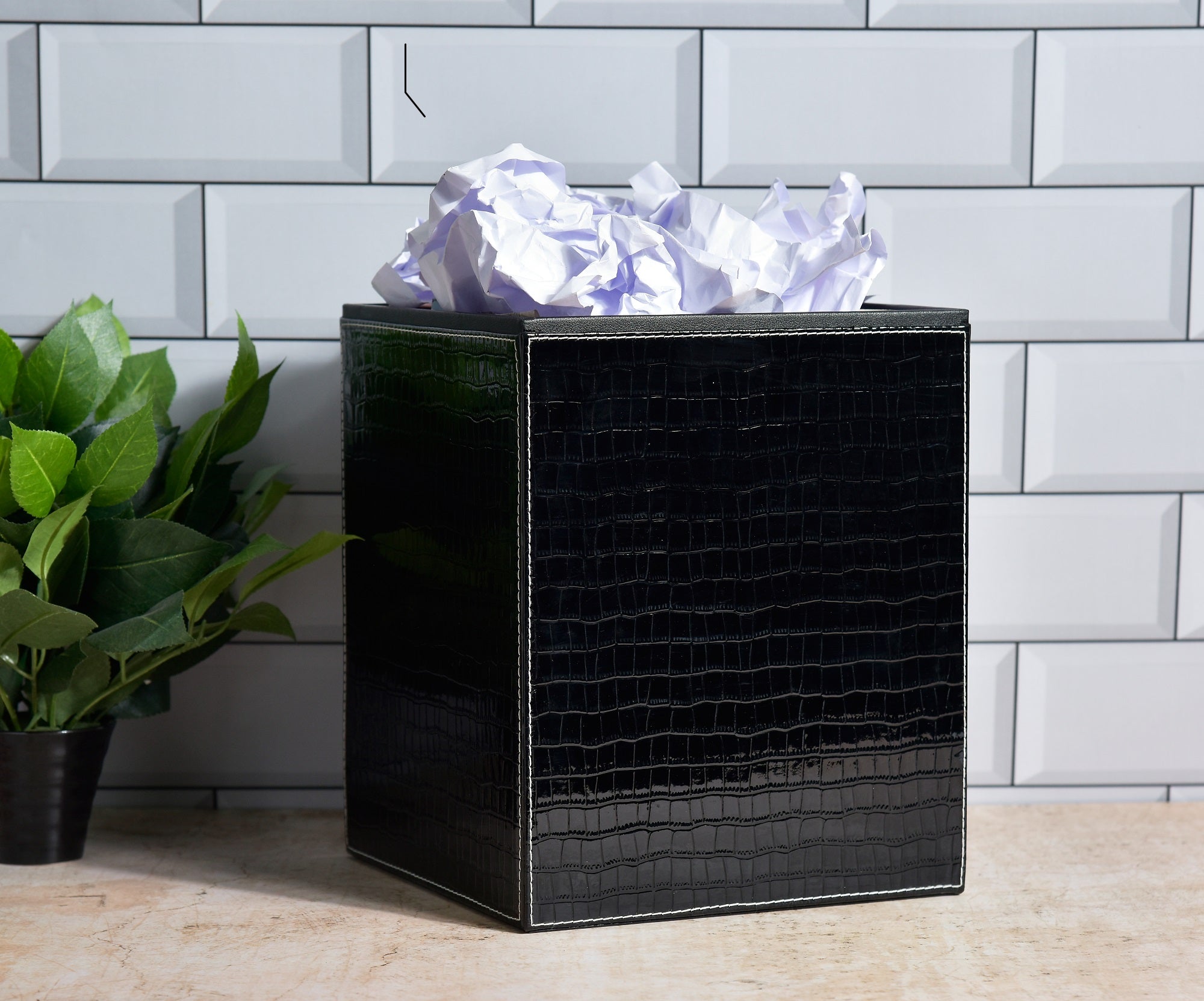 Square faux leather waste bin, croc pattern, black, open top with liner