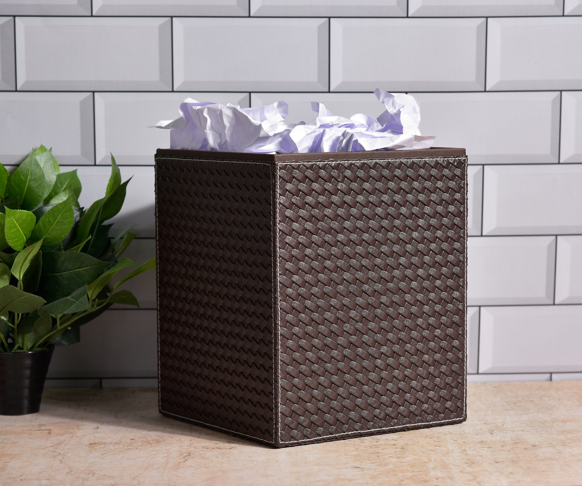 Premsons Faux Leather Dustbin Stylish Durable Woven Square Waste Bin Brown 5 Litres for Home Office Bedroom