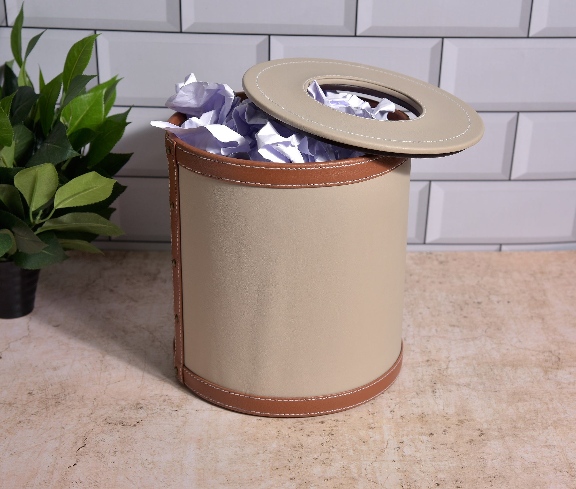 Premsons® Faux Leather Dustbin - Stylish & Durable Waste Bin for Home, Office, & Bedroom - Two Tone Round - Beige with Orange - 5 Litres