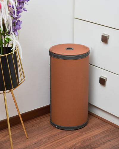 Premsons® Two Tone Laundry Basket -  Modern Faux Leather Hamper for Clothes Storage - Round - Large - Orange & Grey - 20 Litres