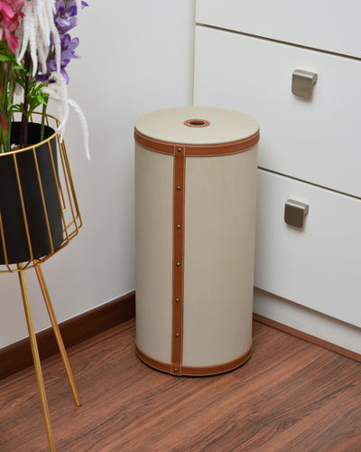 Premsons® Two Tone Laundry Basket - Modern Faux Leather Hamper for Clothes Storage - Round - Large - Beige & Orange - 20 Litres