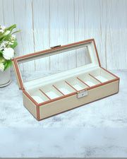 Premsons® Premium Leatherette 6-Slot Watch Box Holder and Organizer Case for Men and Women | Elegant Storage for Watches | Beige & Orange