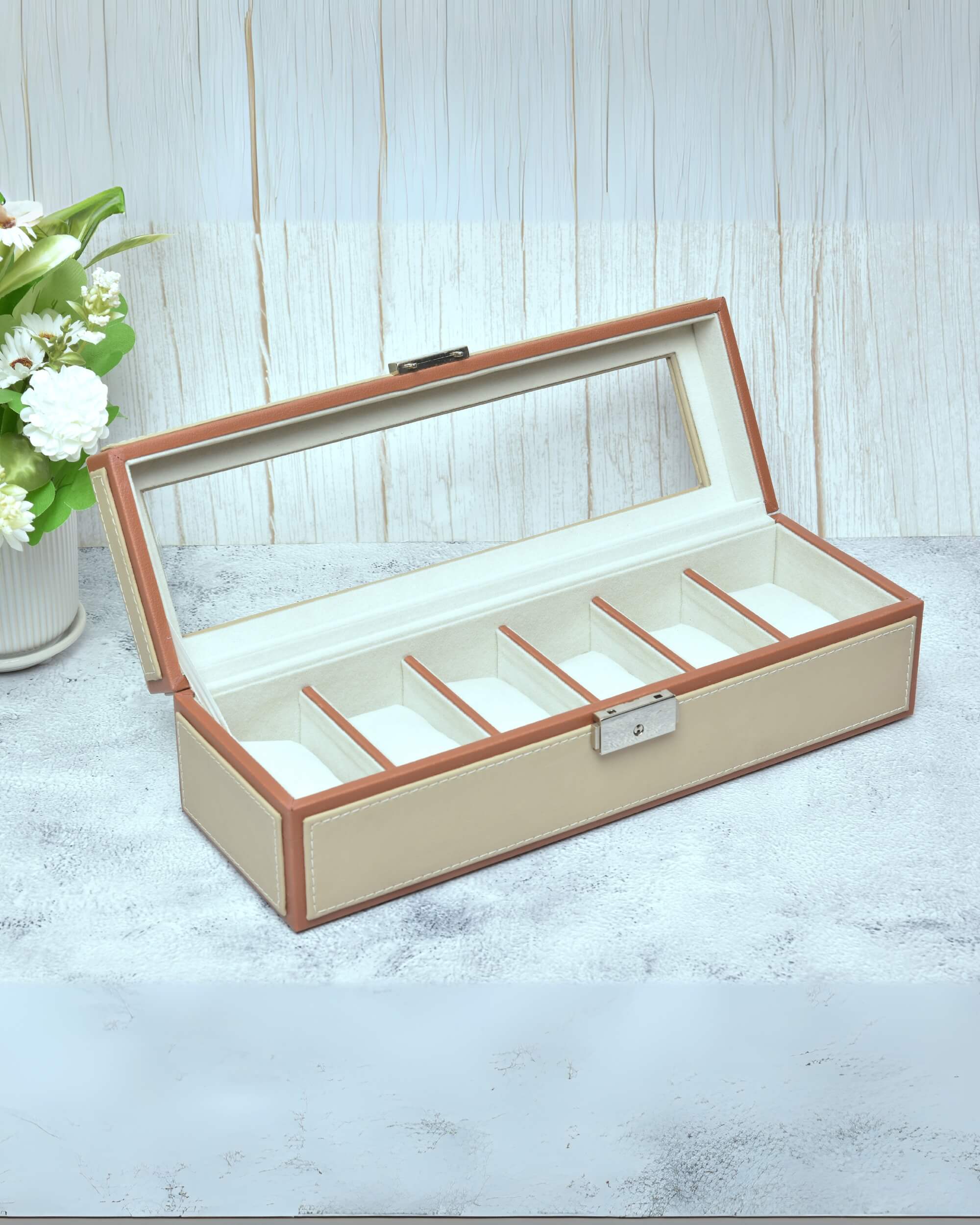 Premsons® Premium Leatherette 6-Slot Watch Box Holder and Organizer Case for Men and Women | Elegant Storage for Watches | Beige & Orange