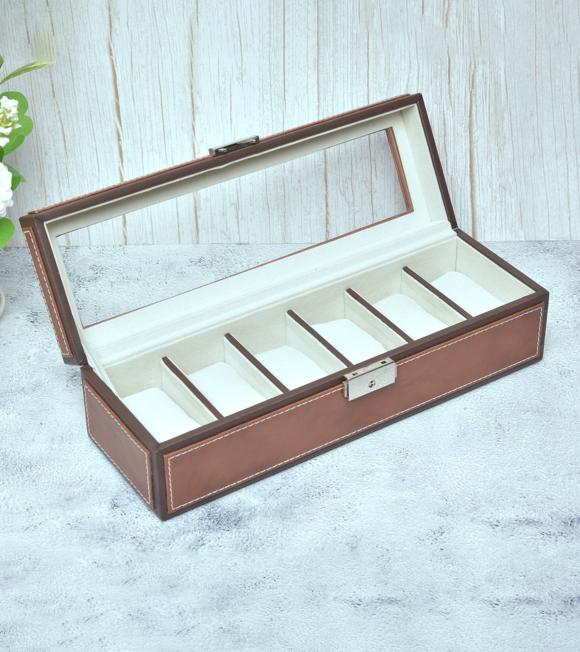 Premsons® Premium Leatherette 6-Slot Watch Box Holder and Organizer Case for Men and Women | Elegant Storage for Watches | Tan & Dark Brown