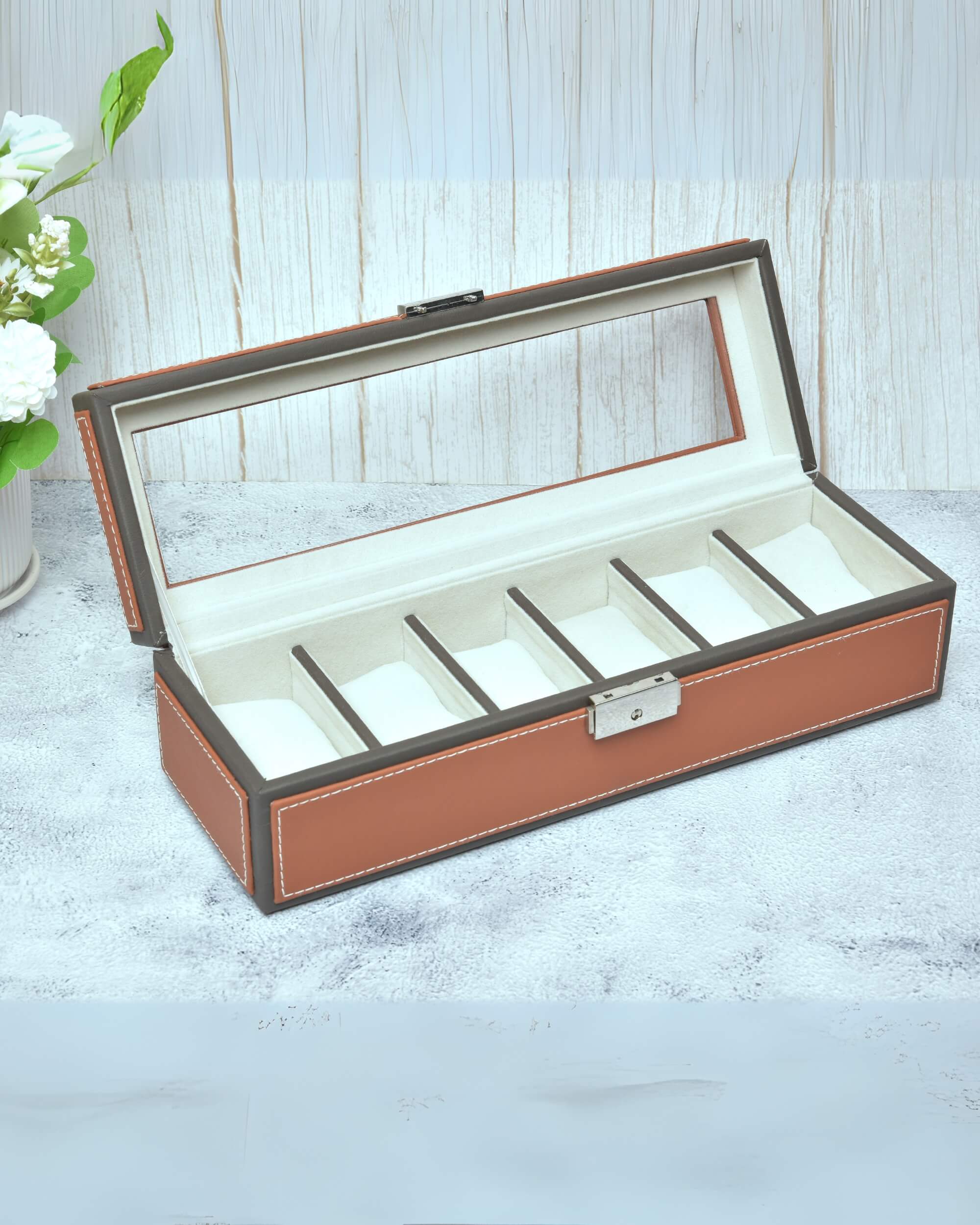 Premsons® Premium Leatherette 6-Slot Watch Box Holder and Organizer Case for Men and Women | Elegant Storage for Watches | Orange & Grey