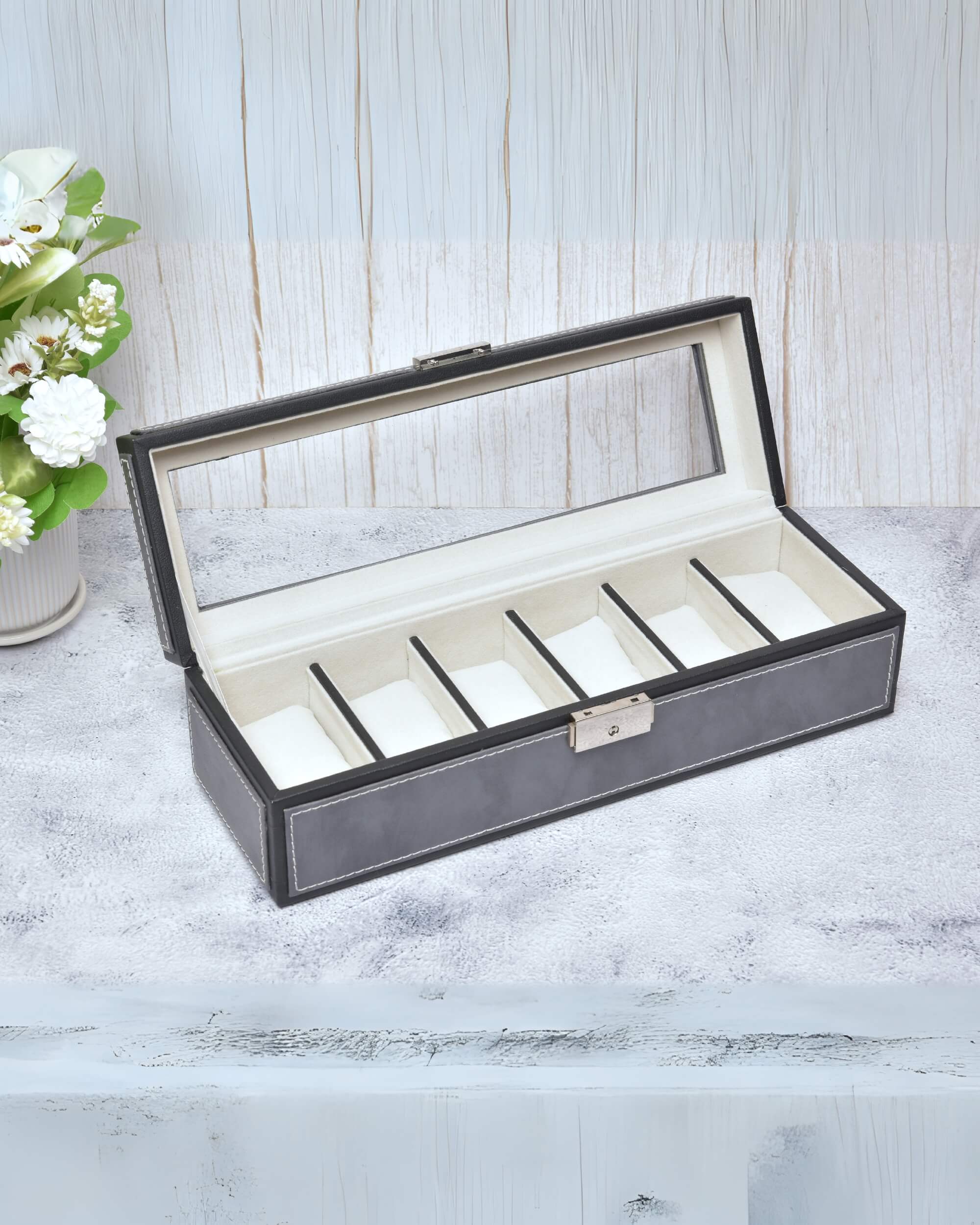 Premsons® Premium Leatherette 6-Slot Watch Box Holder and Organizer Case for Men and Women | Elegant Storage for Watches | Grey & Black