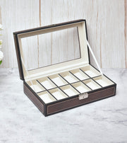 Premsons® Premium Leatherette 12-Slot Watch Box Holder and Organizer Case for Men and Women | Elegant Storage for Watches | Dark Brown & Black