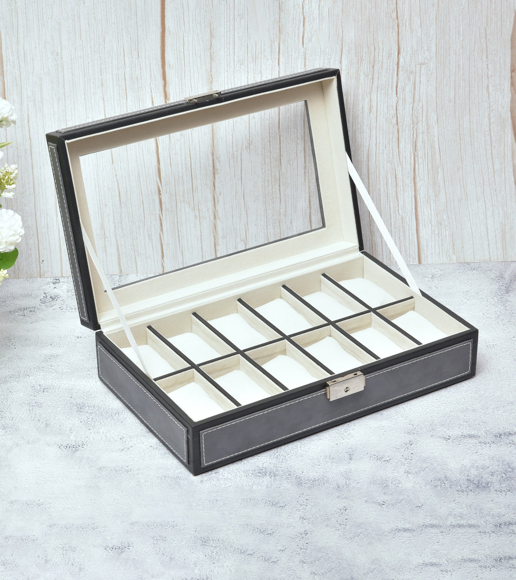 Premsons® Premium Leatherette 12-Slot Watch Box Holder and Organizer Case for Men and Women | Elegant Storage for Watches | Grey & Black