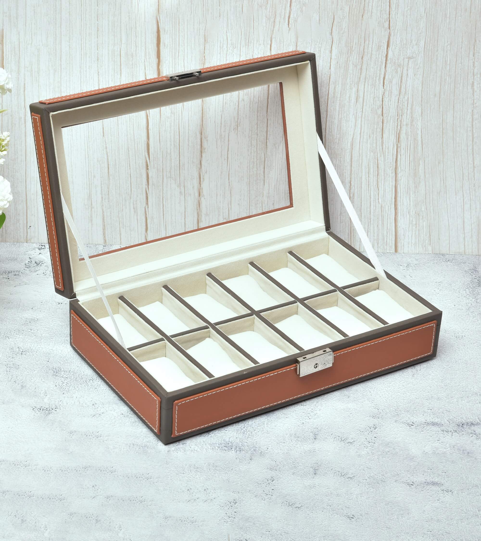 Premsons® Premium Leatherette 12-Slot Watch Box Holder and Organizer Case for Men and Women | Elegant Storage for Watches | Orange & Grey