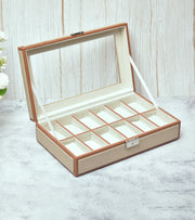 Premsons® Premium Leatherette 12-Slot Watch Box Holder and Organizer Case for Men and Women | Elegant Storage for Watches | Beige & Orange