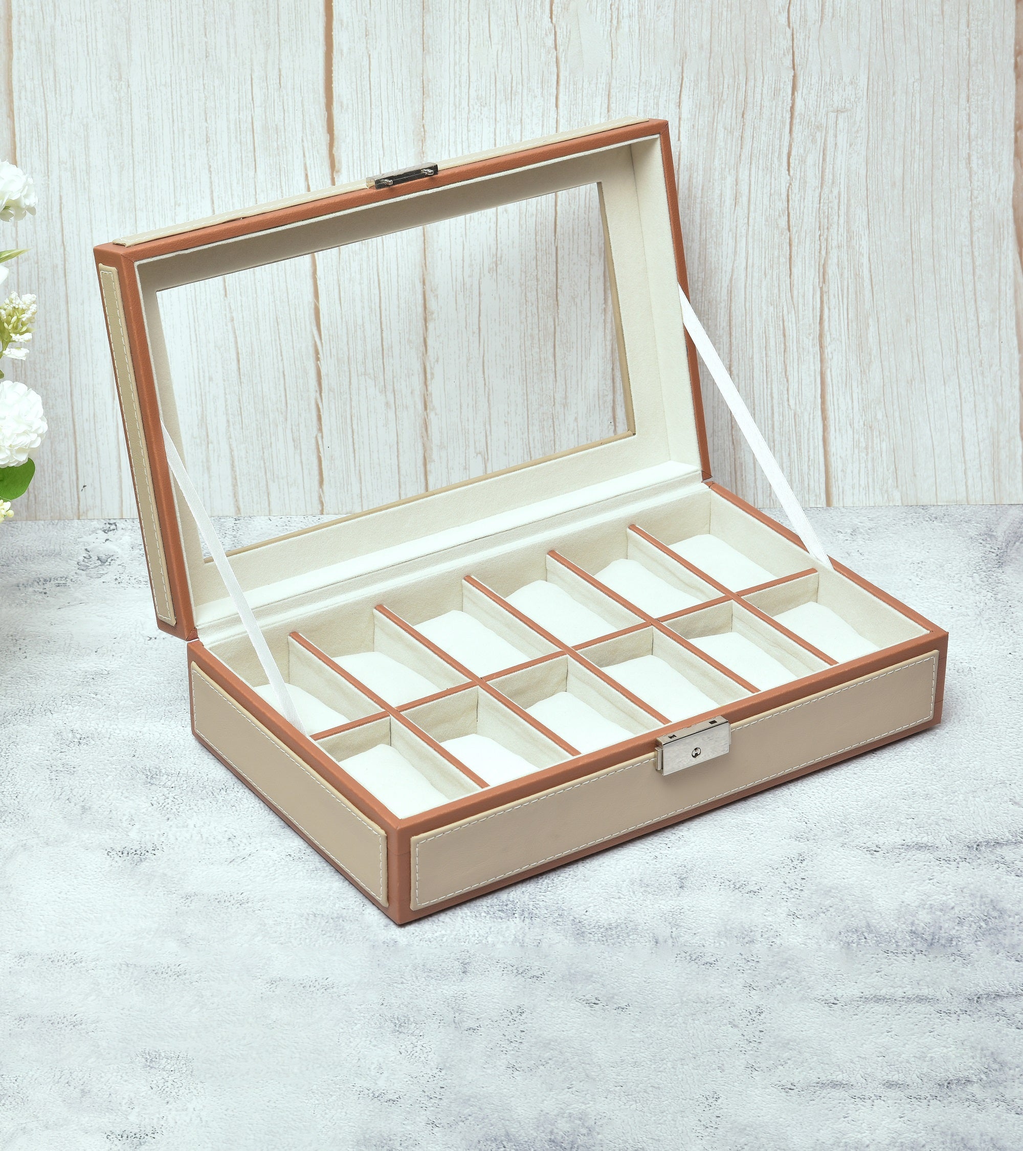 Premsons® Premium Leatherette 12-Slot Watch Box Holder and Organizer Case for Men and Women | Elegant Storage for Watches | Beige & Orange