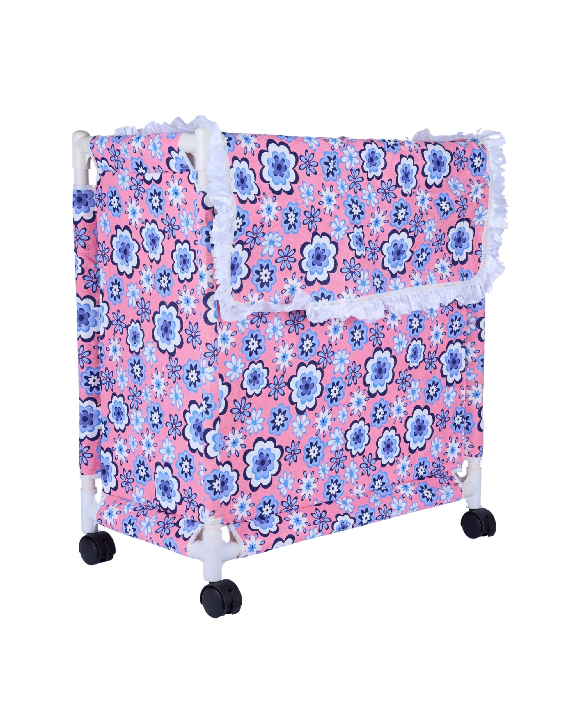 Premsons® Fabric Laundry Hamper with Lid Cover -Rolling Laundry Clothes Basket Trolley- with Wheels - Pink & Blue