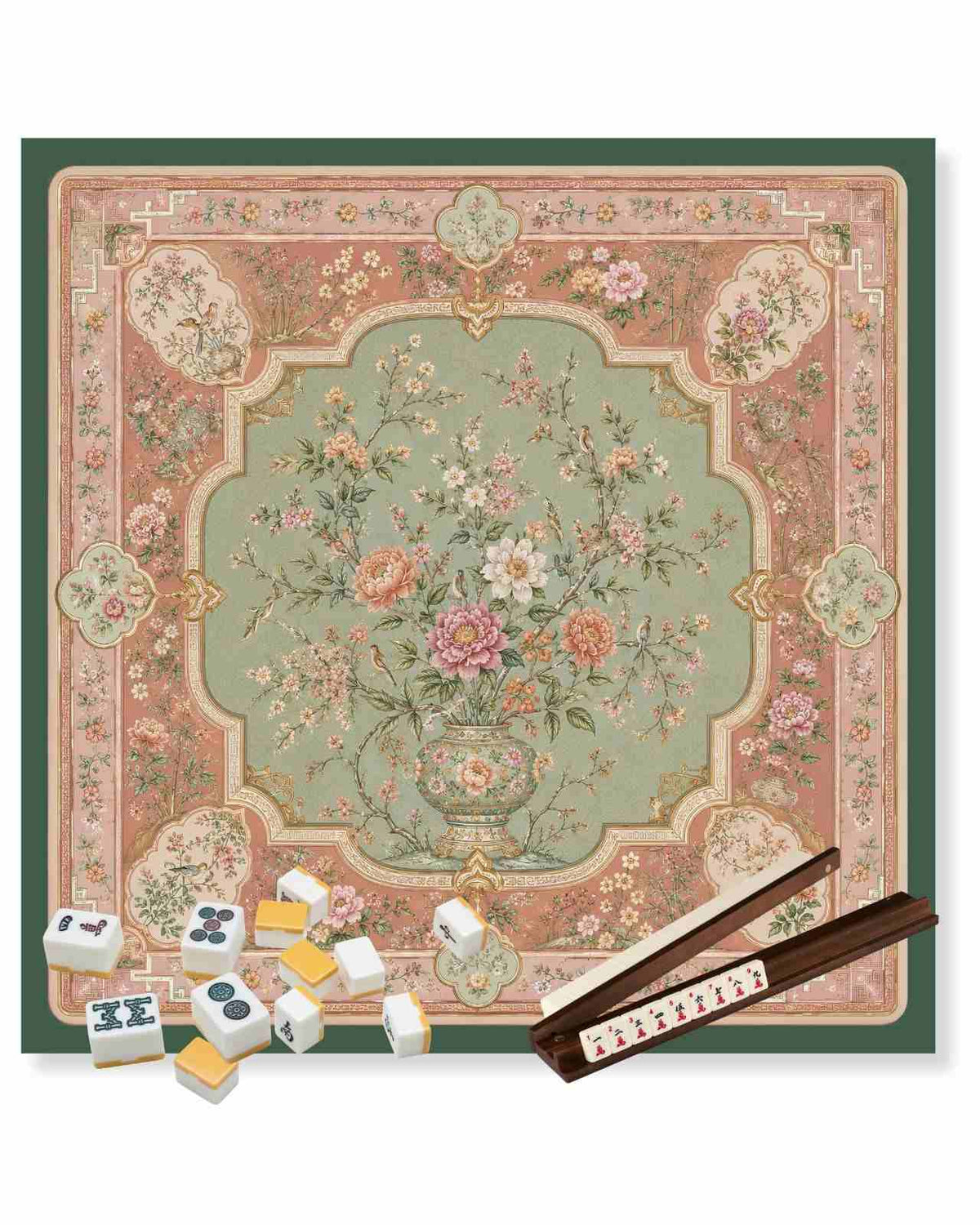 Square luxury mahjong table mat with ornate floral medallion pattern in muted pink and green