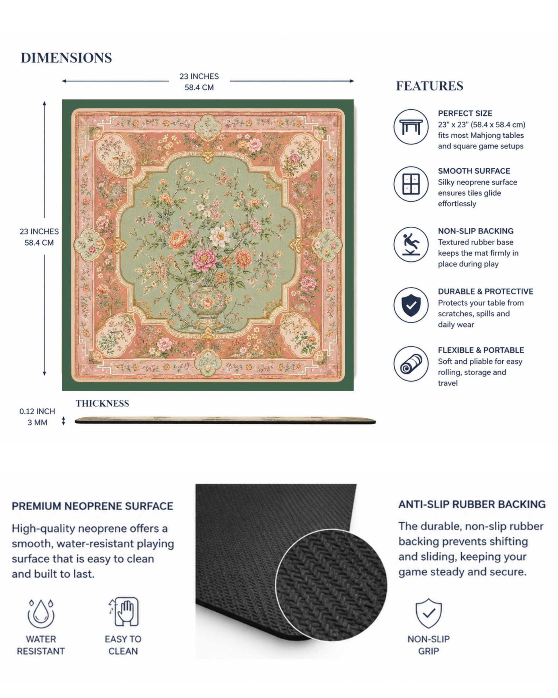 Square mahjong table mat with vintage floral botanical design and non-slip rubber backing.