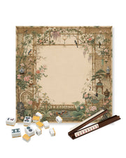Square mahjong table mat, beige floral courtyard artwork with non-slip rubber backing