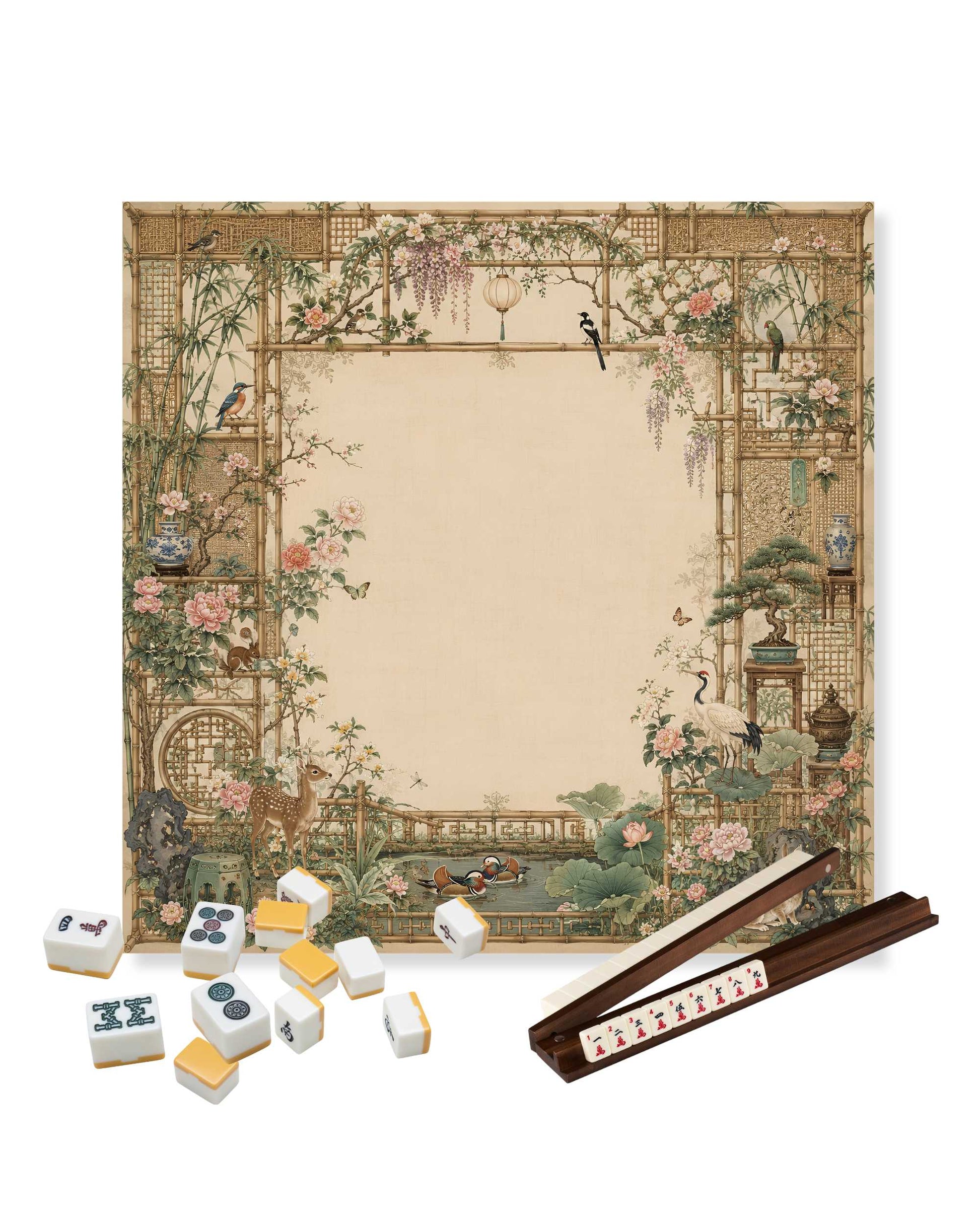 Square mahjong table mat, beige floral courtyard artwork with non-slip rubber backing