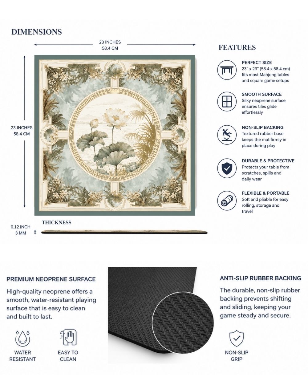 Premsons® Imperial Lotus Mahjong Table Mat – Premium Anti-Slip Square Gaming & Decorative Mat - 23 x 23 inch - Versatile Non-Slip Play Surface