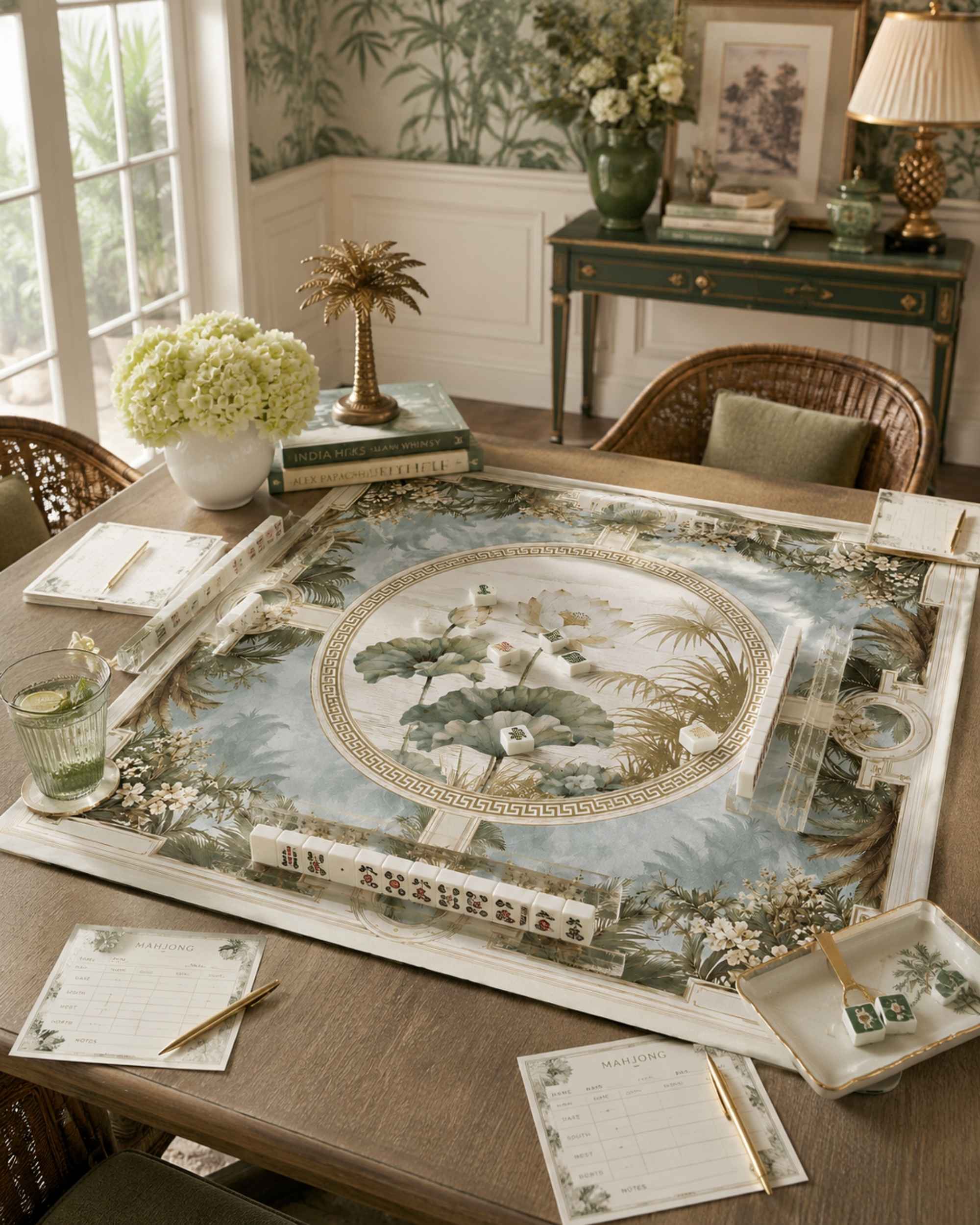 Square lotus leaf table mat with central medallion and decorative corner patterns