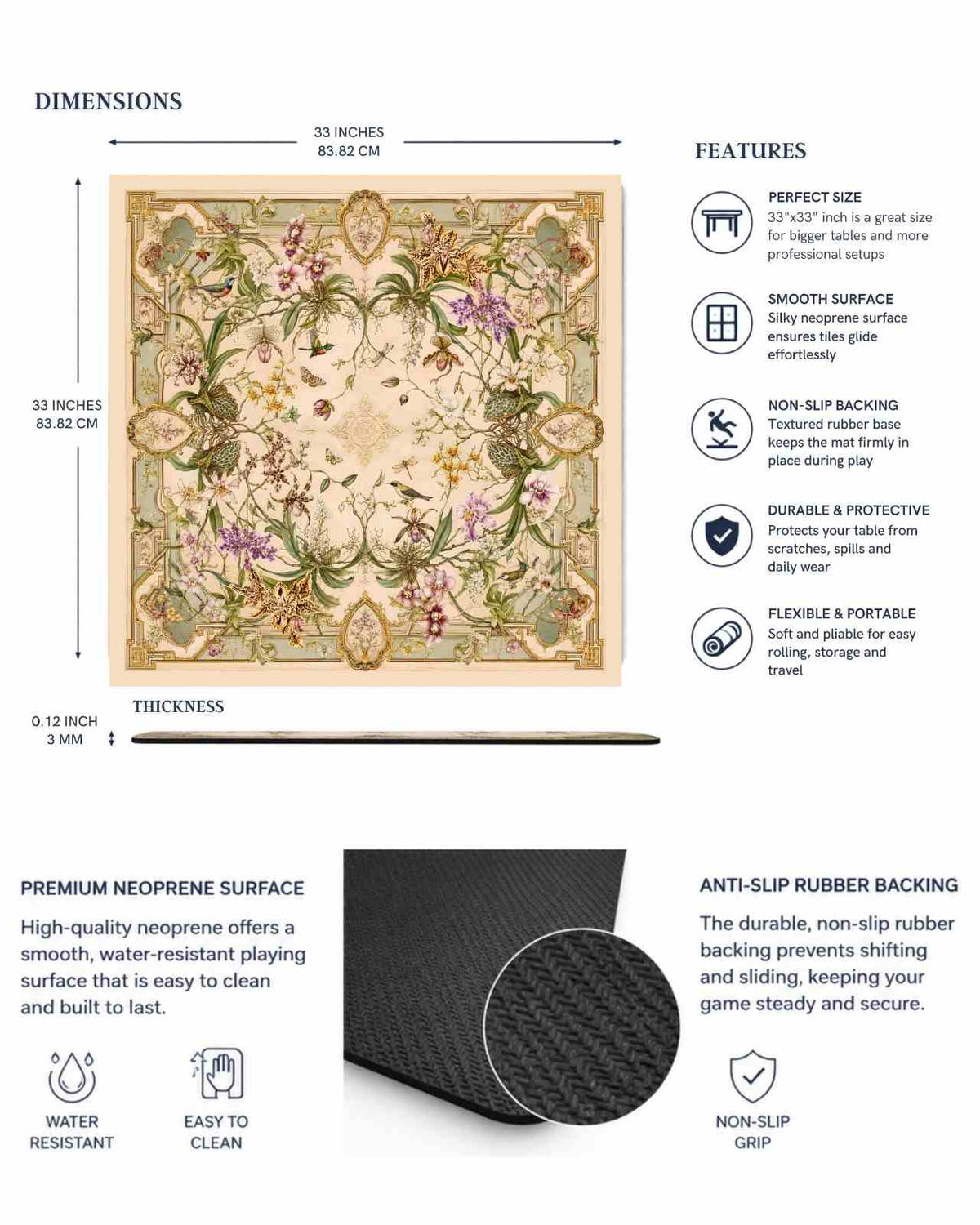 Premsons® mahjong mat with wild orchid print, non-slip rubber backing and smooth surface