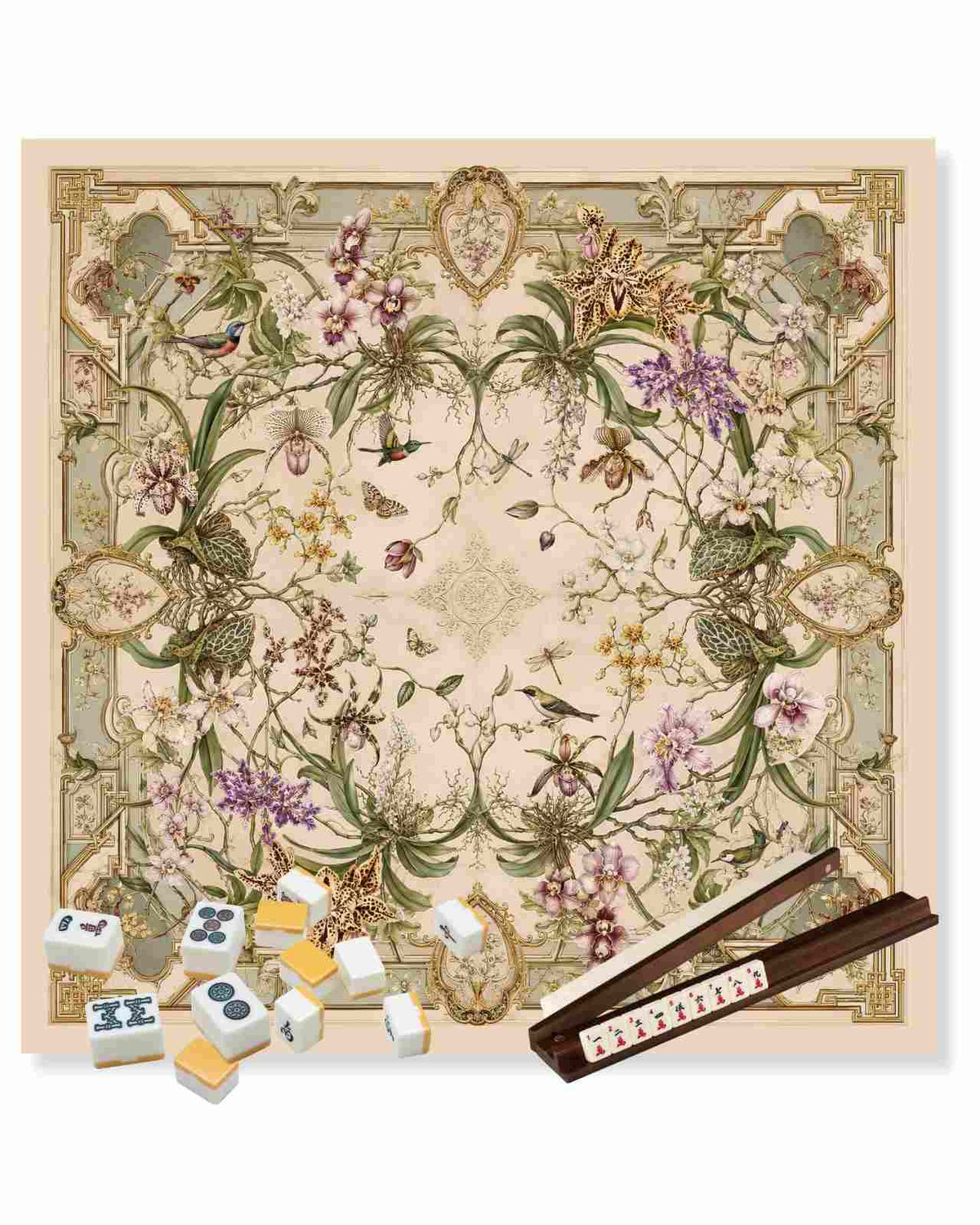 Premsons® Wild Orchids mahjong mat, rectangular floral print with gold border