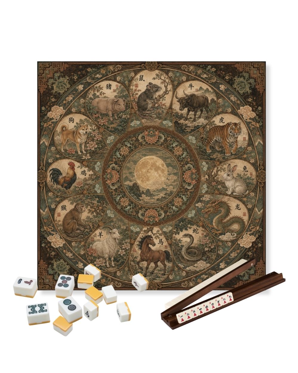 Premsons® Imperial Zodiac Mahjong Table Mat – Premium Anti-Slip Square Gaming & Decorative Mat - 23 x 23 inch - Versatile Non-Slip Play Surface