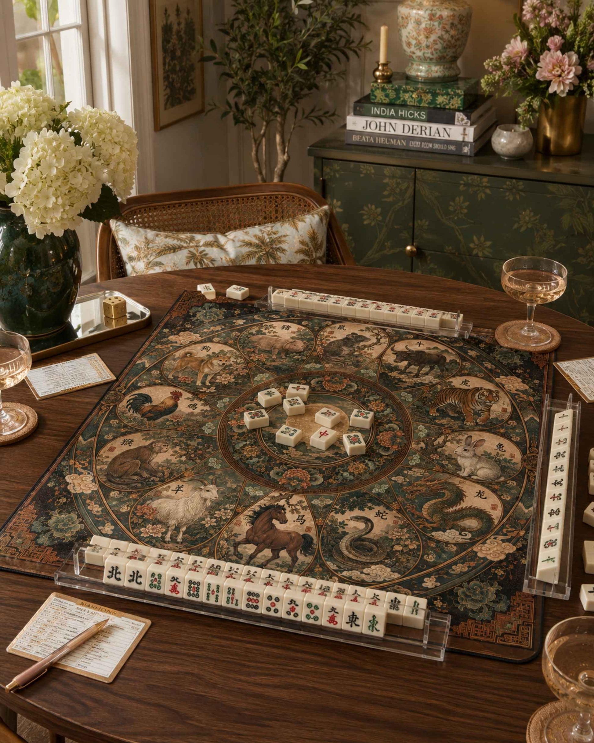 Square zodiac mahjong table mat with ornate circular animal print and border trim