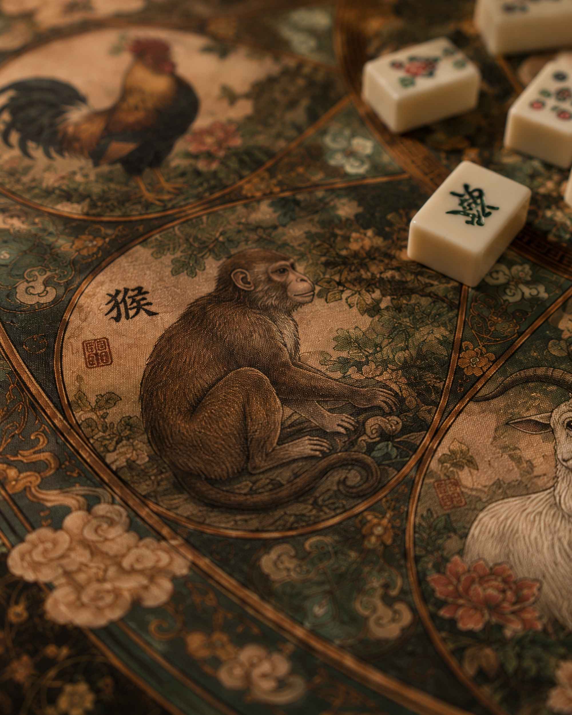 Zodiac mahjong mat detail with illustrated animals and floral accents in dark green