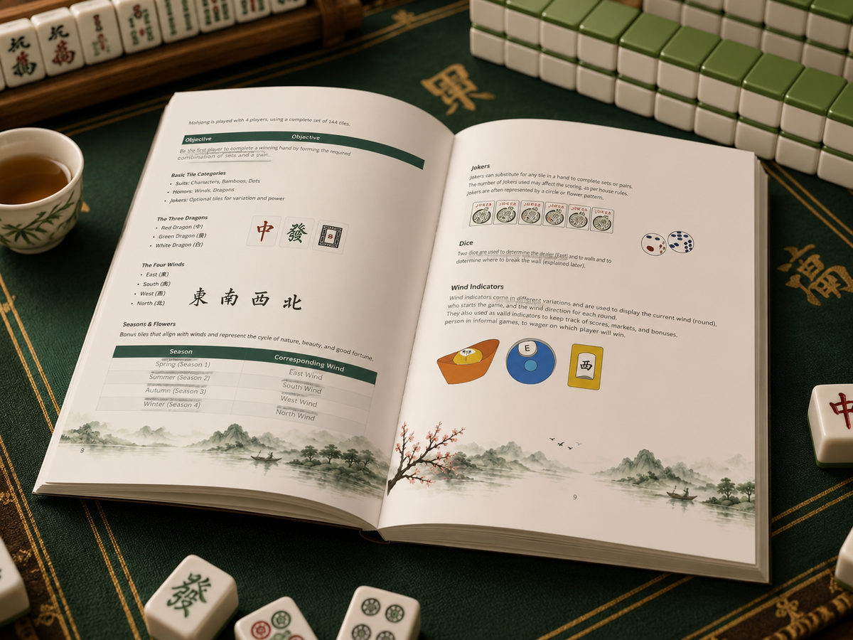 Open mahjong instruction book with rule and scoring diagrams and landscape illustrations