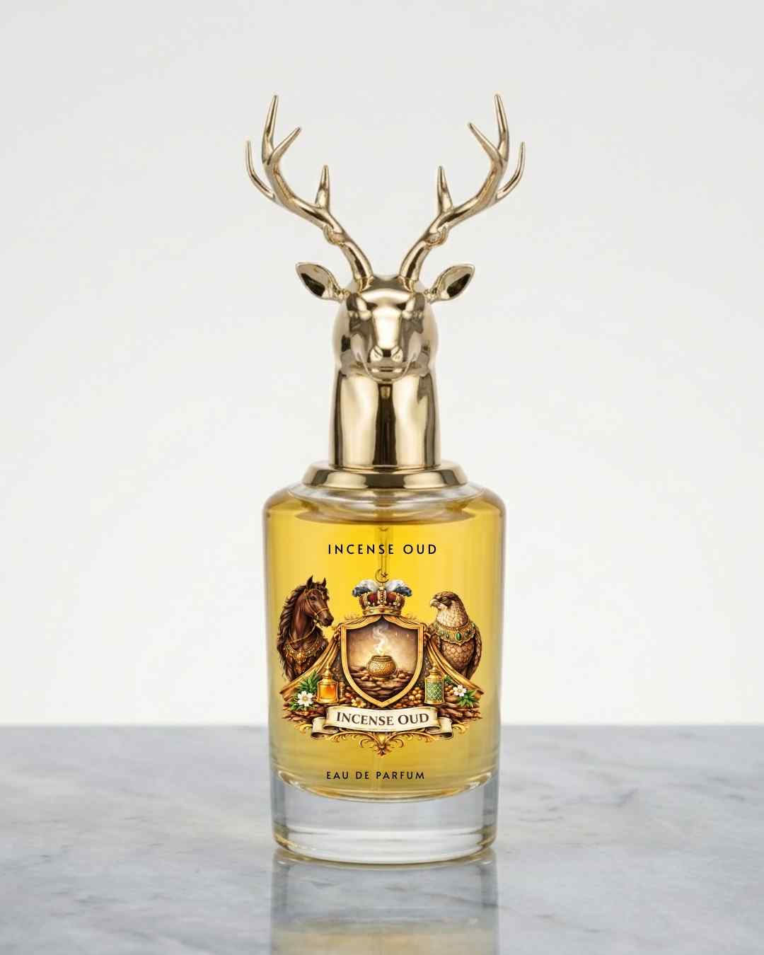Eau de parfum bottle with gold deer antler cap and yellow-gold glass
