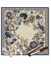 Indigo floral table game mat with ornate border, square 33 x 33 inch.