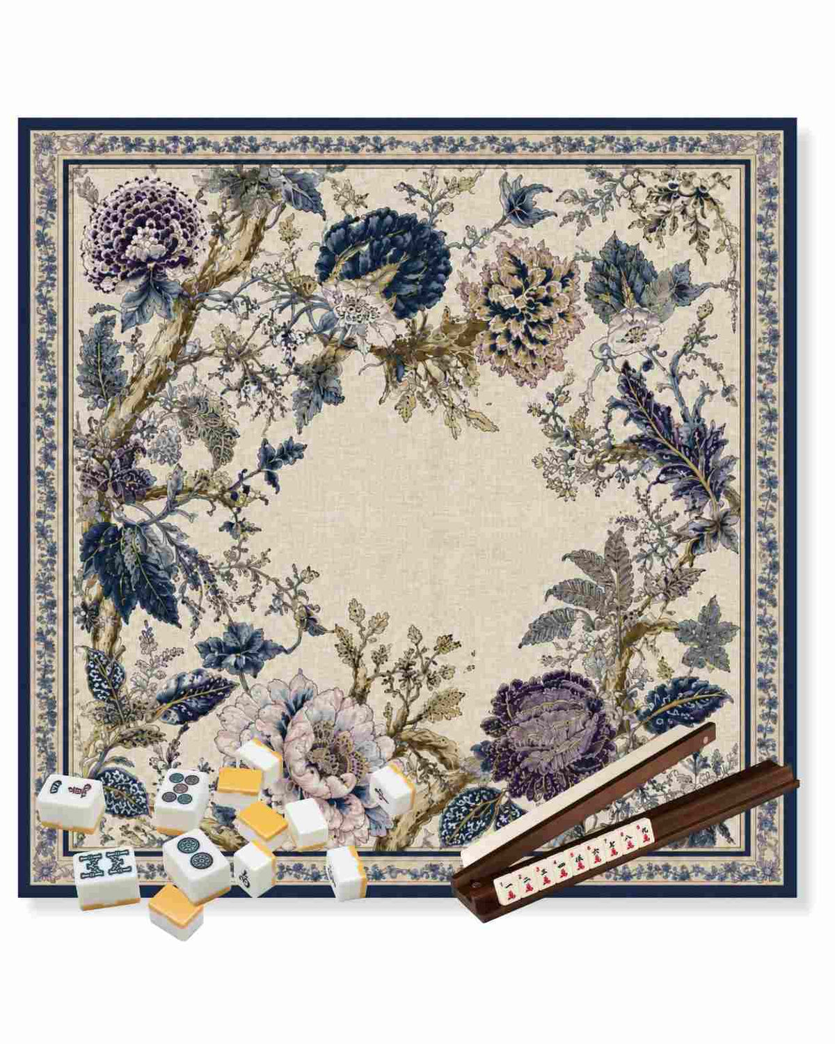 Indigo floral table game mat with ornate border, square 33 x 33 inch.