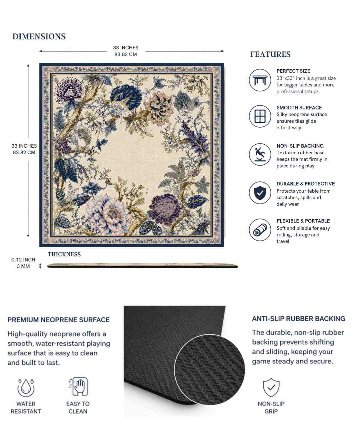 Square indigo floral table game mat with non-slip rubber backing and neoprene surface.