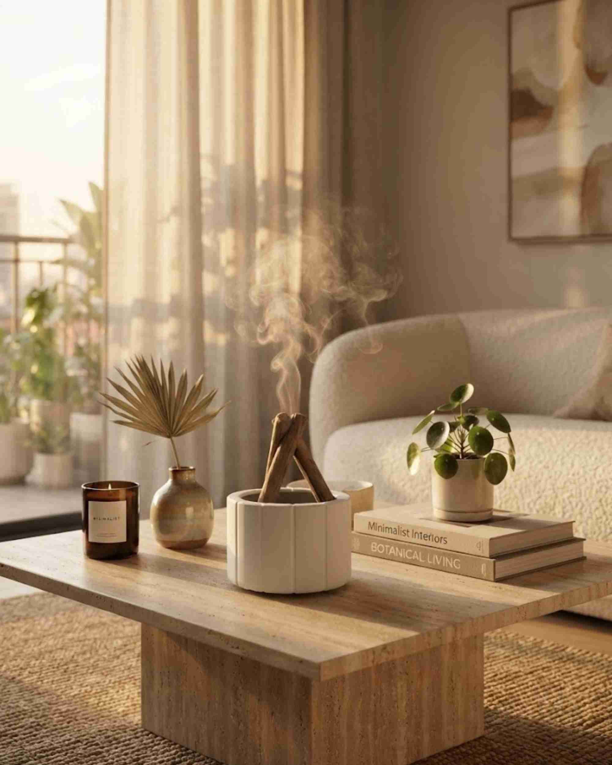 White ceramic aroma diffuser with stacked wooden logs on living room side table
