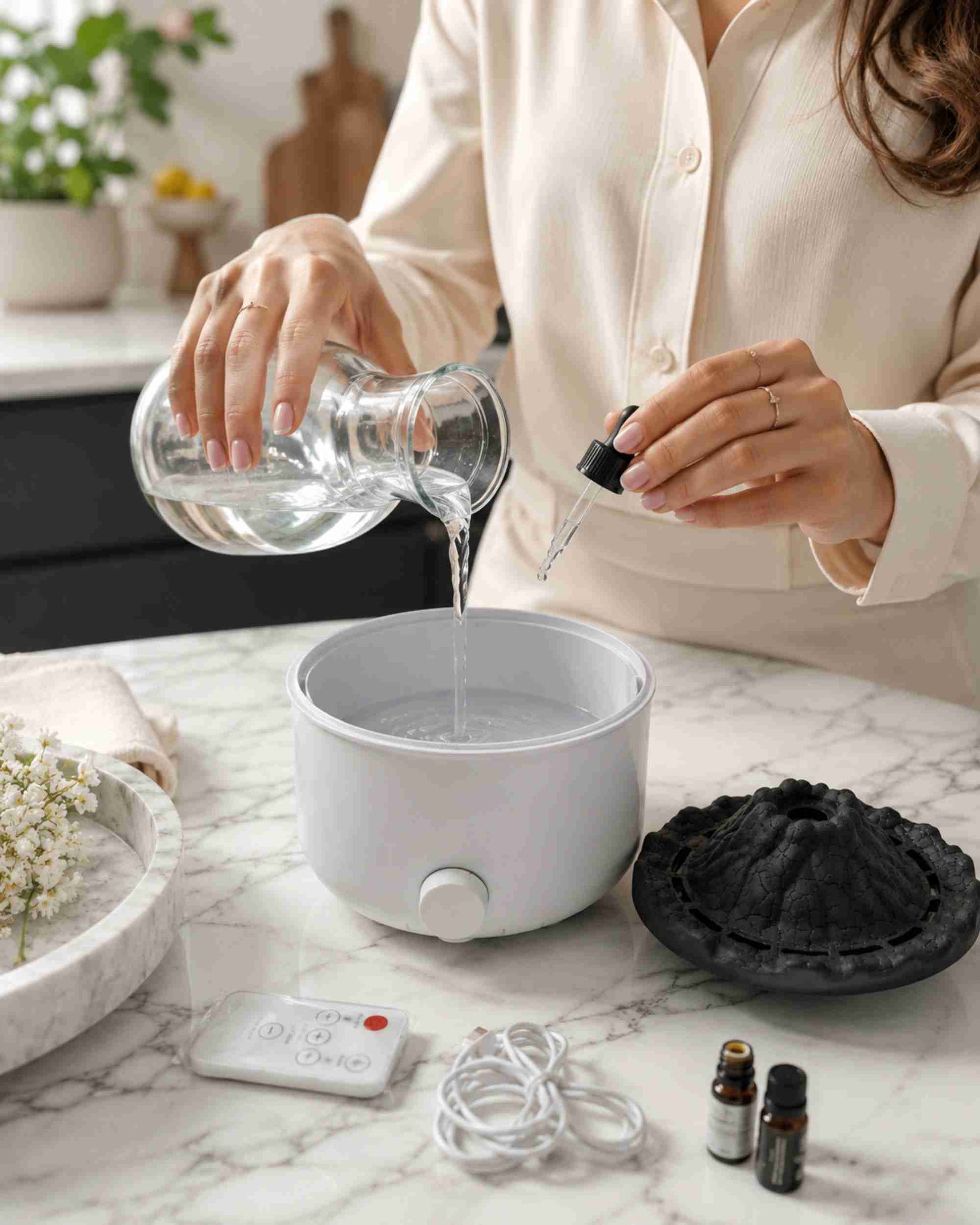 White aroma diffuser with black volcano lid, remote, and essential-oil bottles