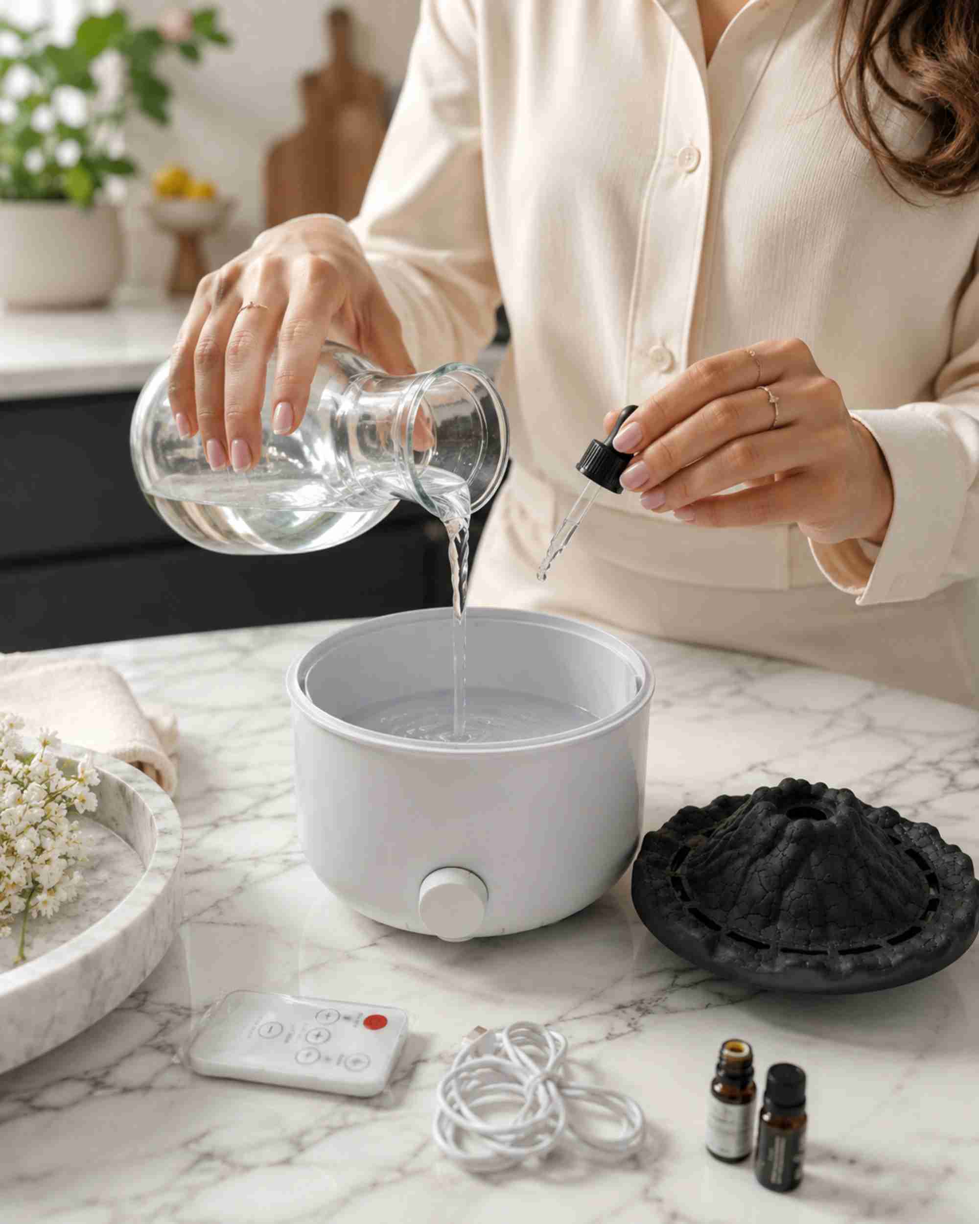 White aroma diffuser with black volcano lid, remote, and essential-oil bottles