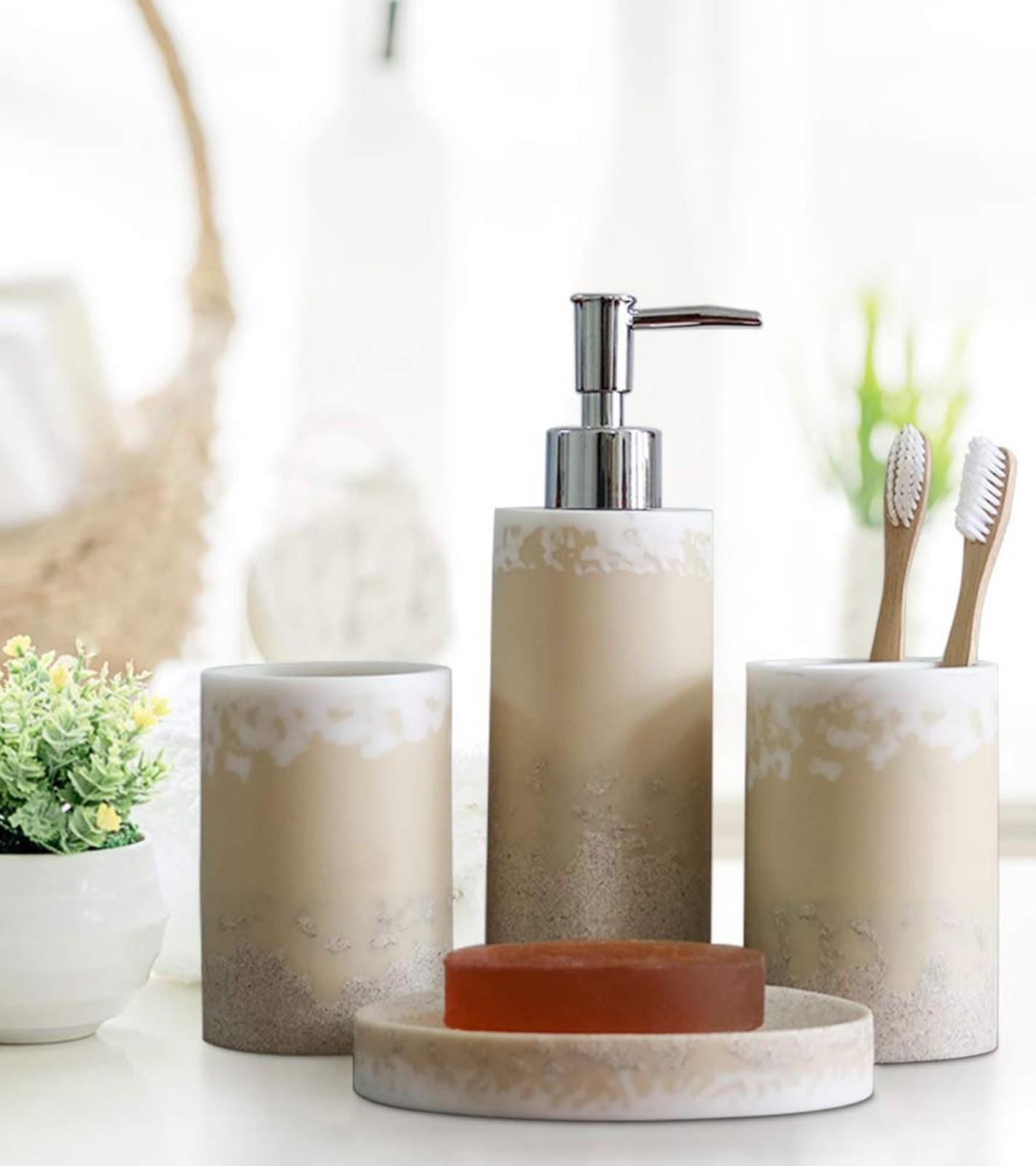 Premsons® Ivory Day Dream Bathroom Accessories Set of 4 – Dispenser, Soap Tray, Cup & Brush Stand – Durable Polyresin Finish