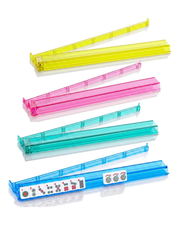 Four translucent acrylic mahjong racks in yellow, pink, teal, and blue with scoring strips