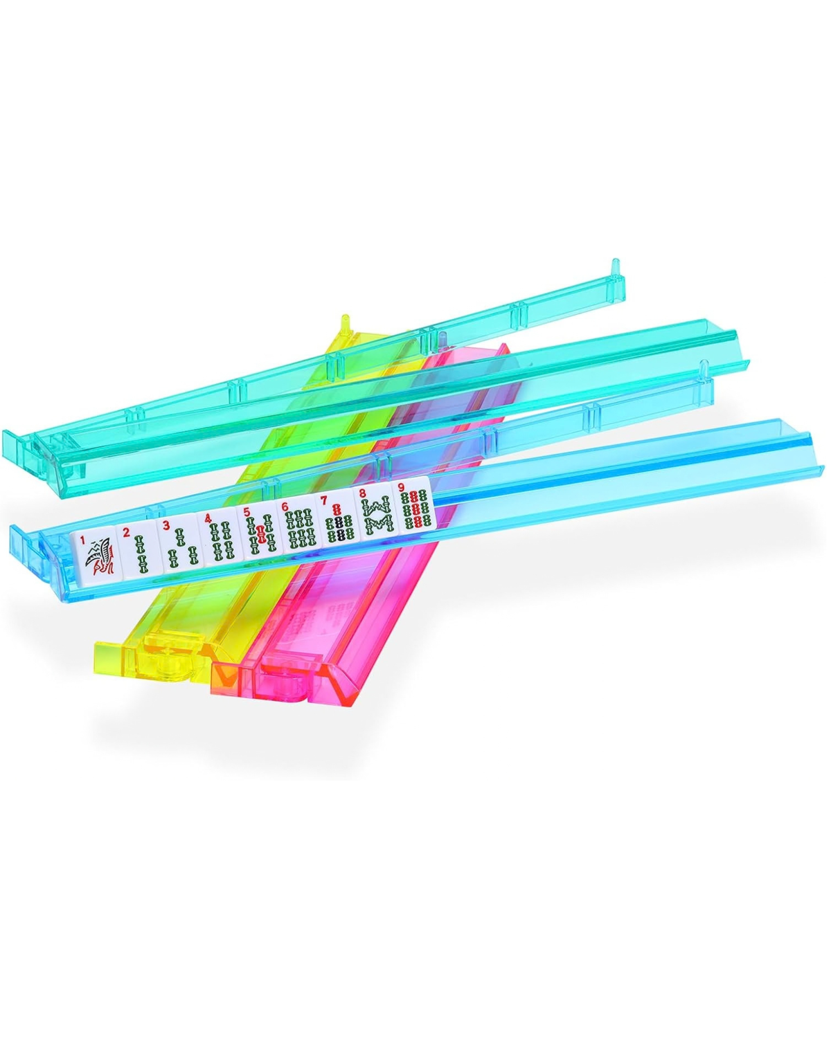 Set of 4 acrylic mahjong racks in pink, yellow, blue, and green with pushers