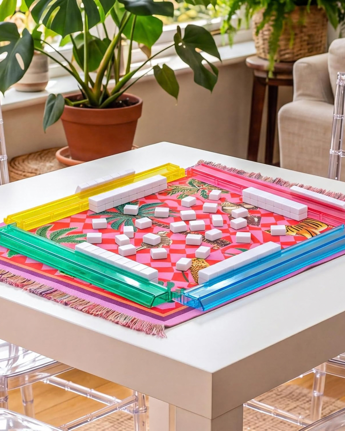 Colorful acrylic mahjong rack with green, blue, and pink panels on a tabletop