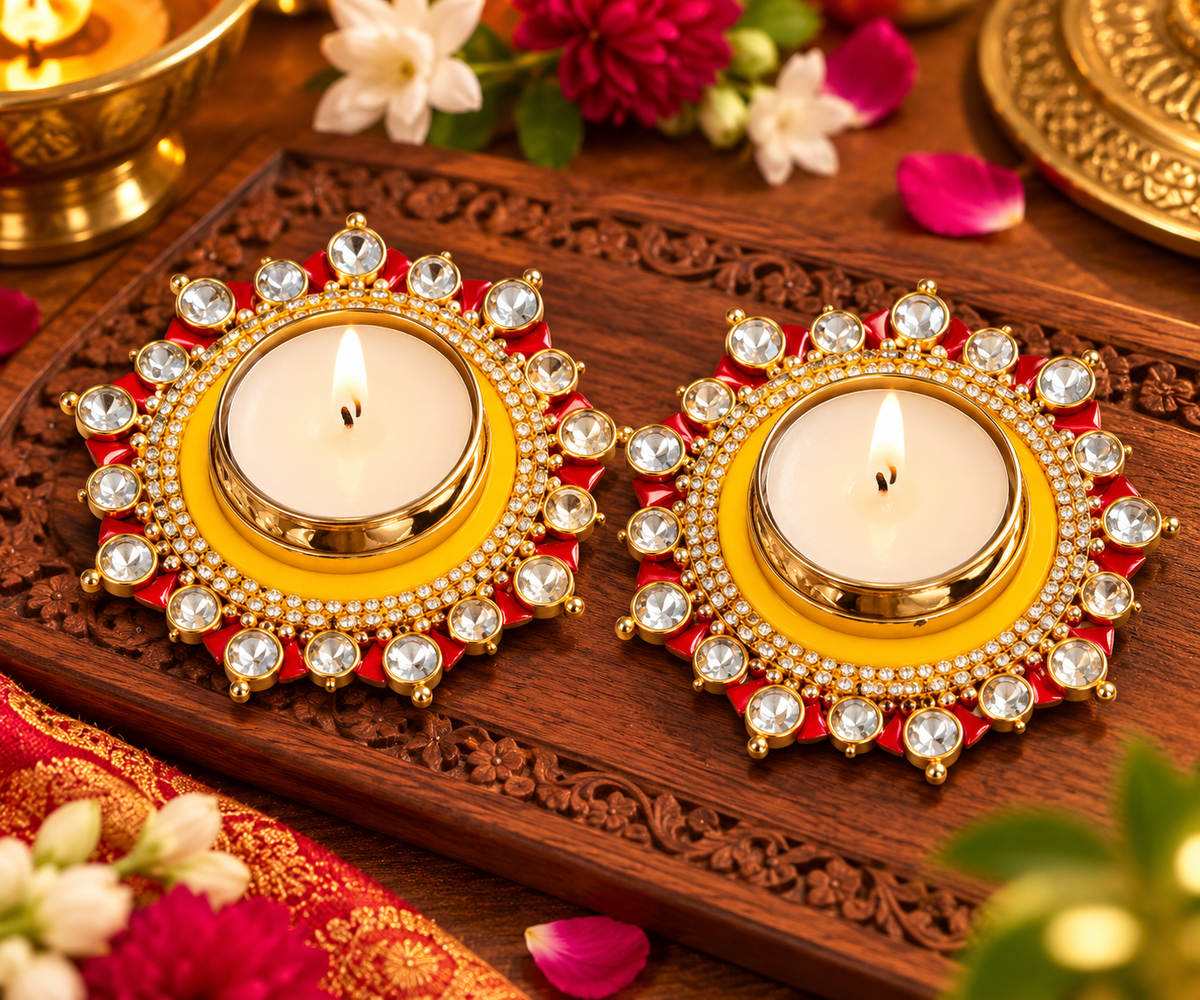 Premsons® golden decorative diya set of 2 with crystal trim and lit wicks