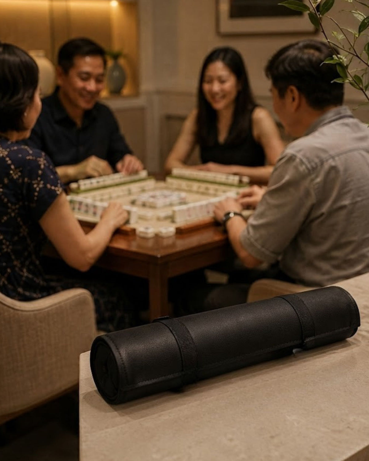Black mahjong rack cover with rolled cylindrical storage pouch, protective fabric.