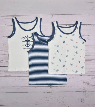 Premsons® Set of 3 Boys’ Vests – Sailor Theme Print, Gentle Cotton Fabric