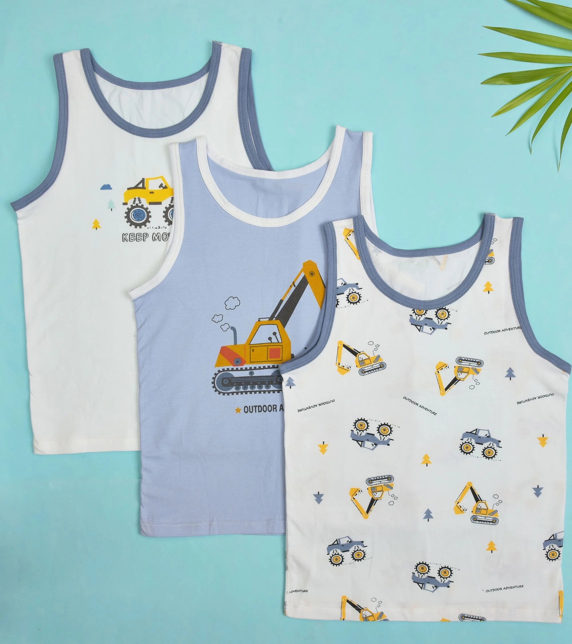 Premsons® Set of 3 Boys’ Vests – Colourful Truck Print, Lightweight & Cool