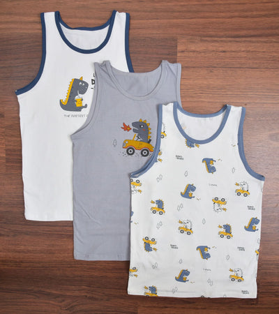 Premsons® Set of 3 Boys’ Vests – Fun Dinosaur Print, Everyday Comfort