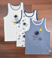 Premsons® Set of 3 Boys’ Cotton Vests – Happy Planet Print, Soft & Breathable